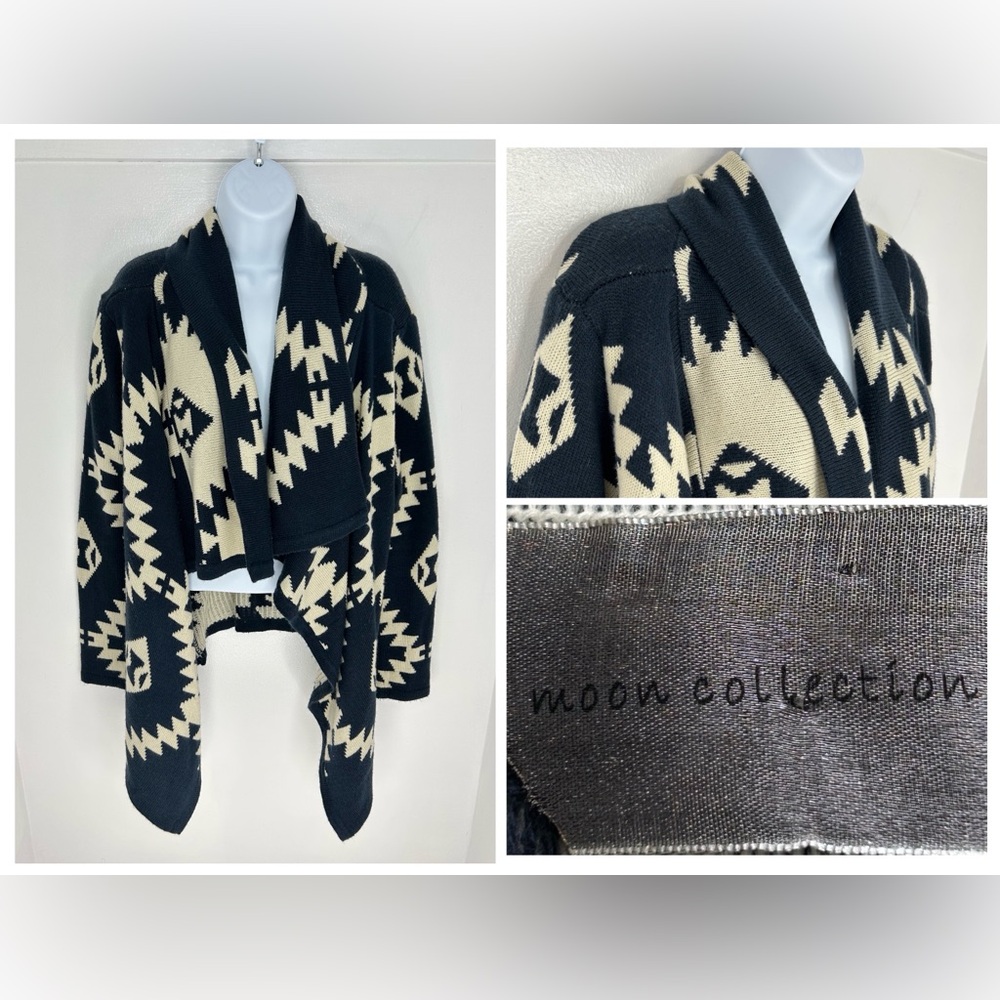 Moon Collection Aztec Open Front Cardigan‎ Sweater Size Medium Southwestern Navy